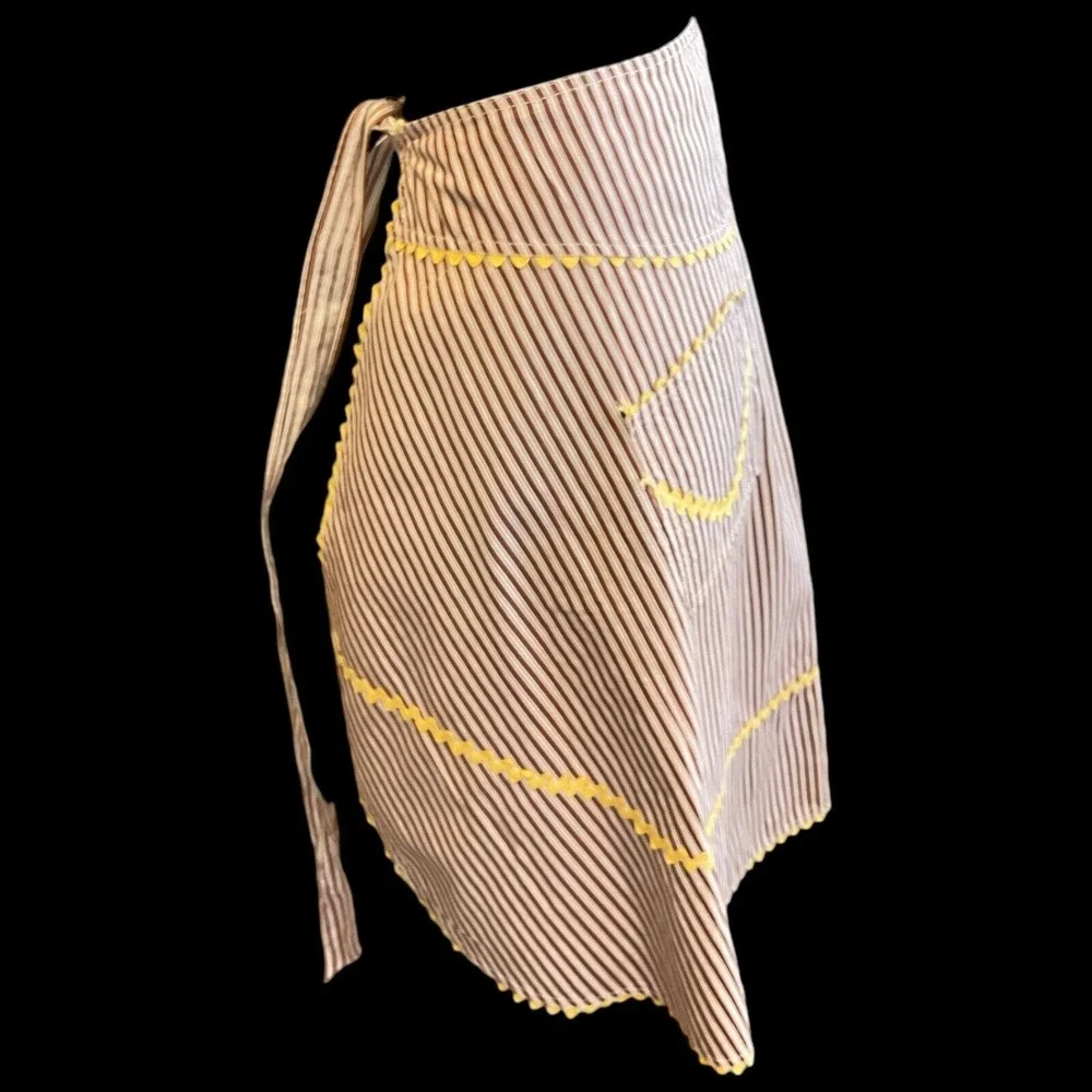 Vintage Apron Handmade Pocket Brown Candy‎ Stripe Yellow Rick Rack